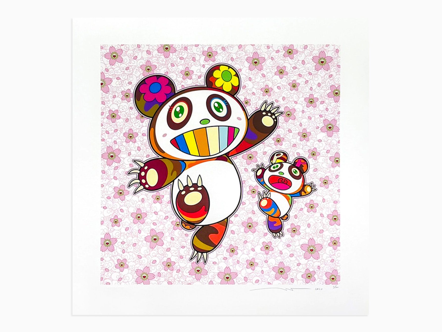 Takashi Murakami - Parent et petit panda dans une fleur de cerisier sous la douche