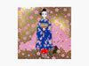 Takashi Murakami - Maiko à Kyoto, fleurs de cerisier sur fond bleu