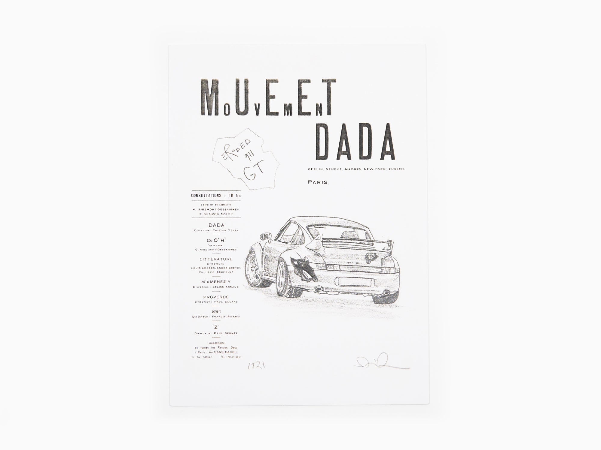 Daniel Arsham - Carte postale "Dada Movement Letterhead : Study for Eroded Porsche 911 GT, 2023" (en anglais)